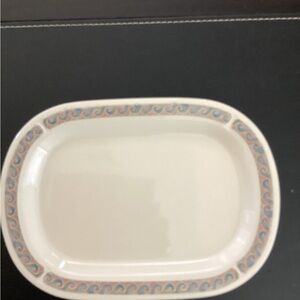 Oneida White Ceramic Platter with Blue and Peach Scroll Border